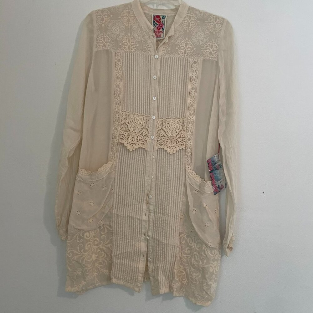 Johnny Was Cream Embroidered Flower Dress